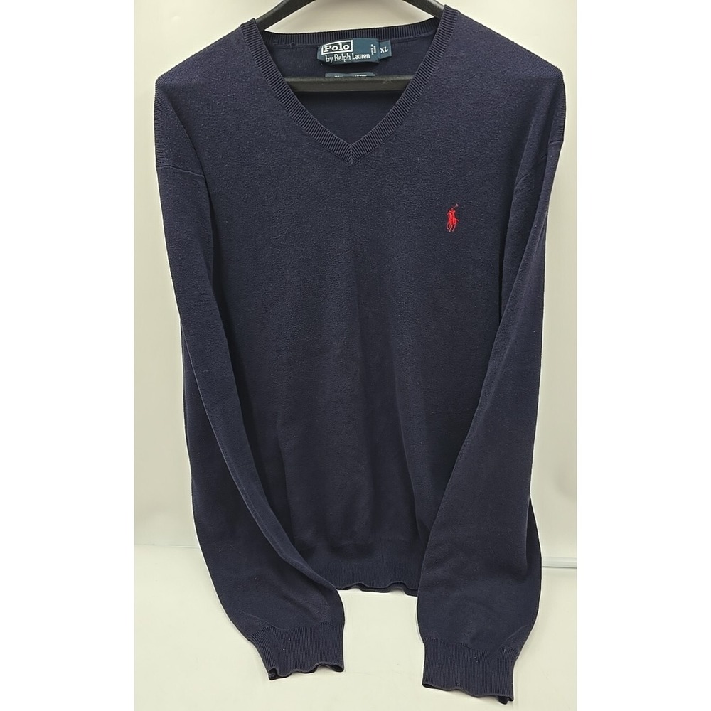 Polo Ralph Lauren Waffle-Knit V-Neck Classic Preppy Blue Sweater XL - Picture 2 of 9